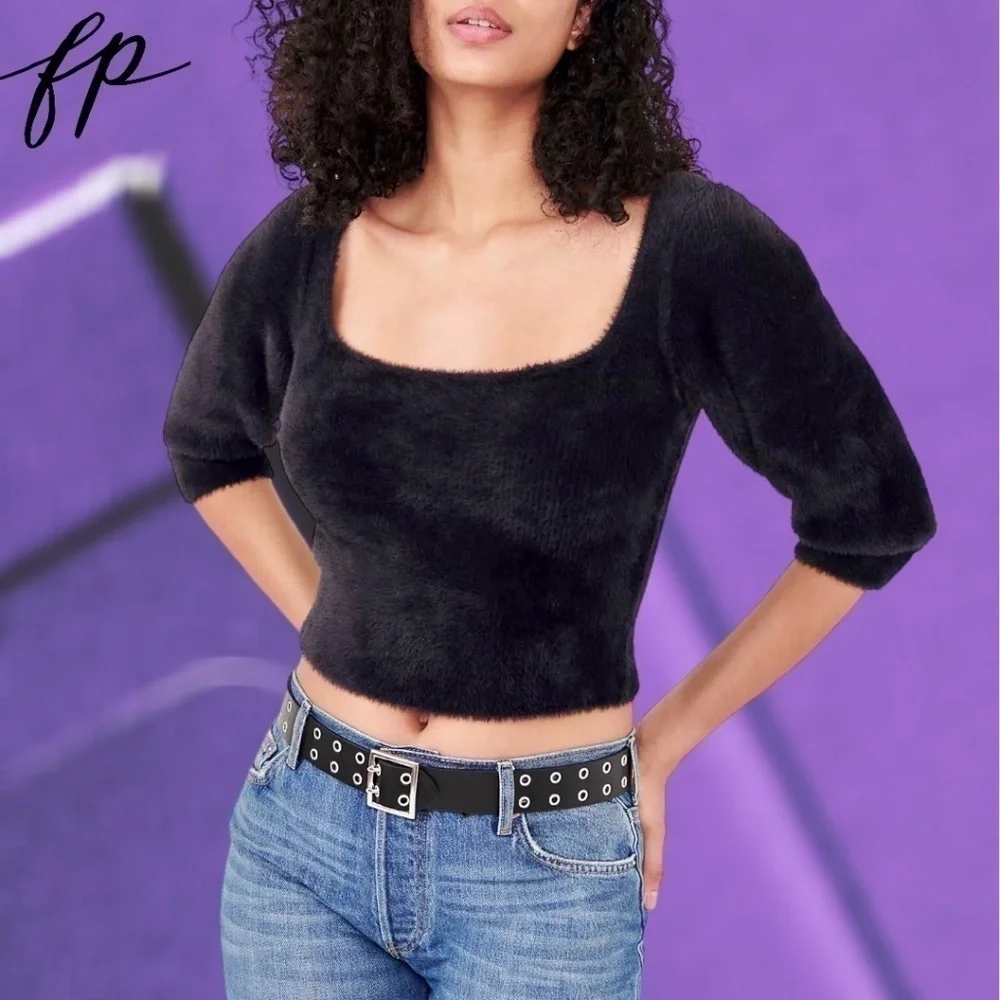 FREE PEOPLE NWT Moonbeam Puff Sleeve Fuzzy Cropped Pullover Sweater/LG